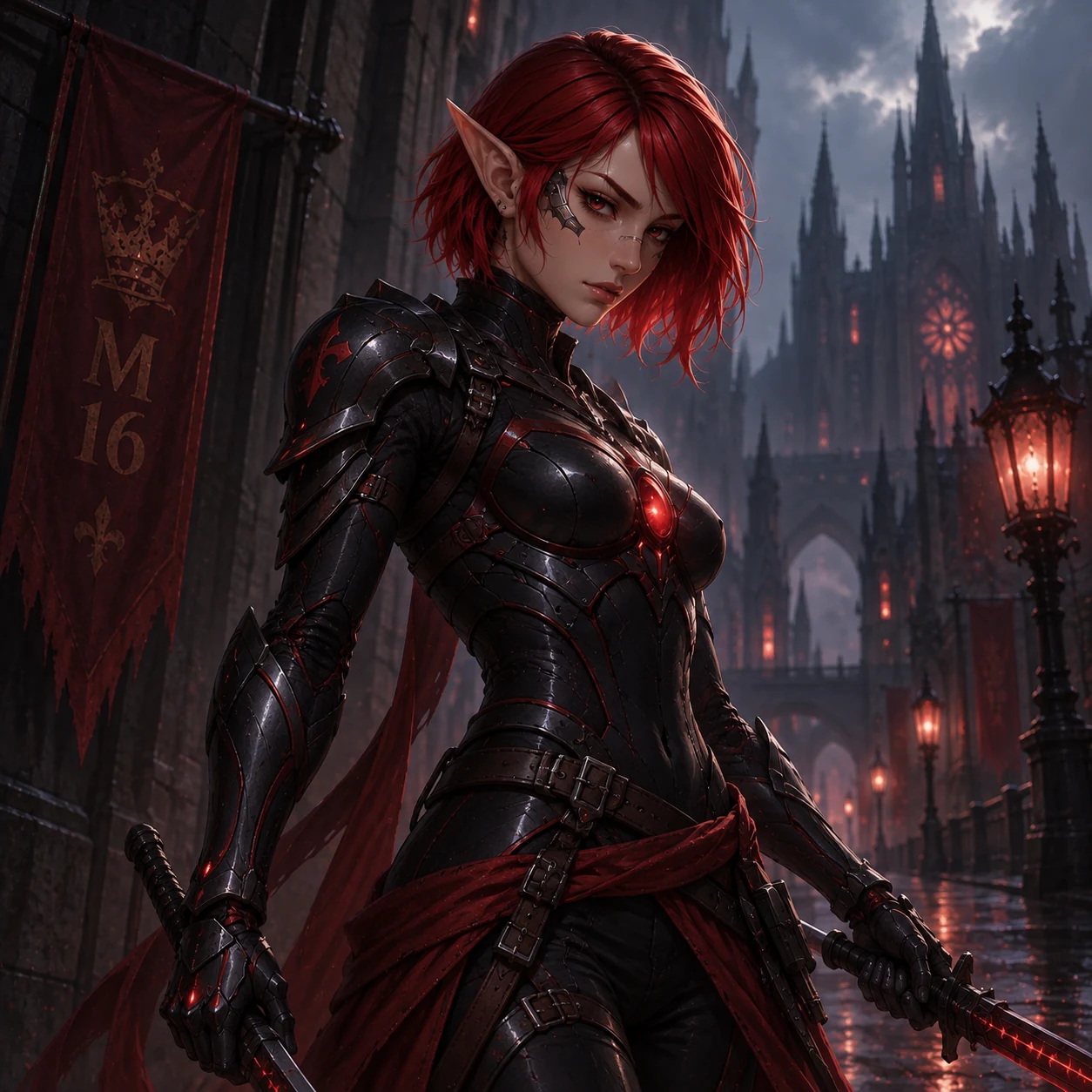 Zara, a Duskkin hunter, in black armour with crimson channels