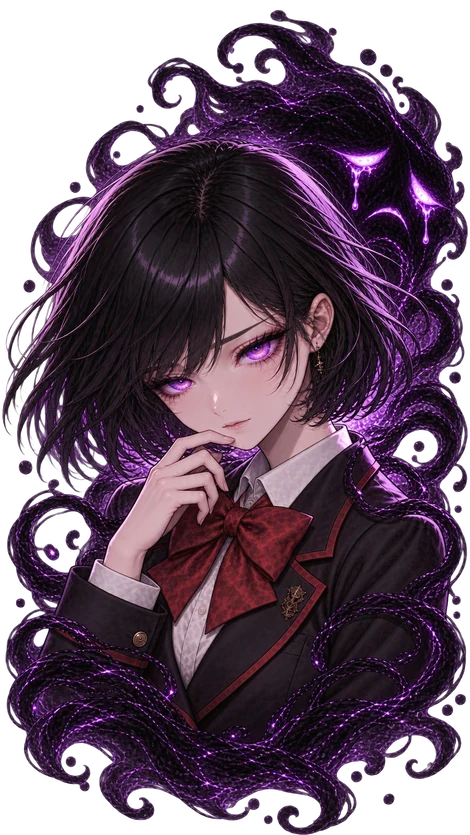 Emily Grimm with violet eyes and a curious expression