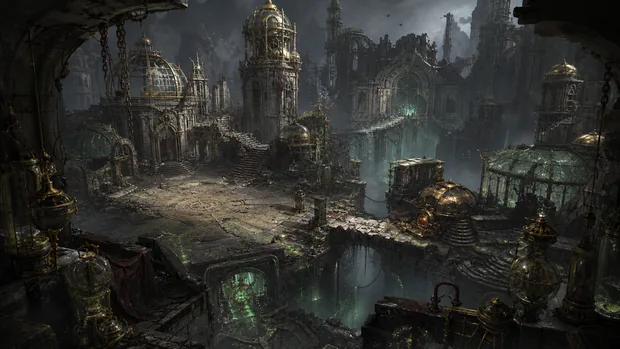 Broken domes and stone chambers surround the dark remains of an alchemical complex.