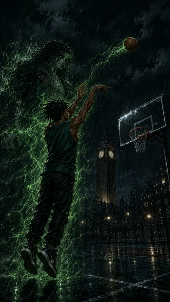 Anarchy rises towards a basketball hoop beneath storm clouds and a green spectral presence.