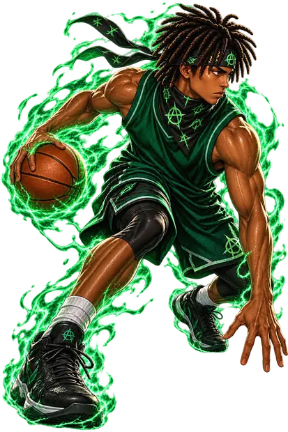 Anarchy drives low with a basketball in a green jersey, headband and anarchy-sign bandana, green flame wrapping his arms and legs.