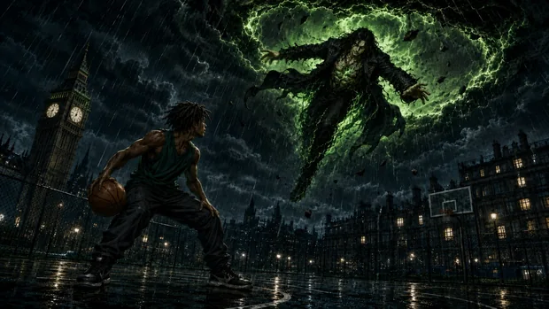 Anarchy faces a green spectral figure above a rain-soaked basketball court in London.