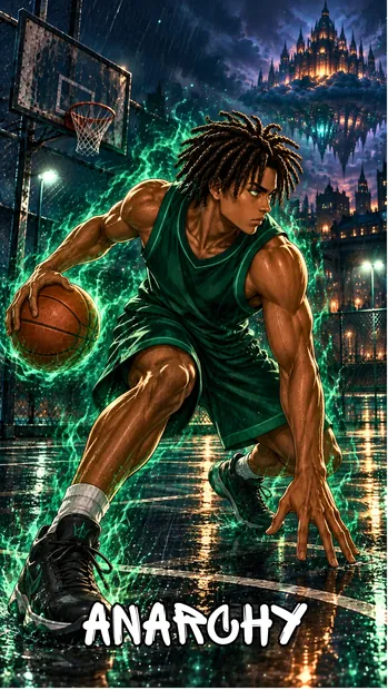 Anarchy dribbles low across a rain-soaked basketball court, green lightning crackling around him beneath the Sanctuary.