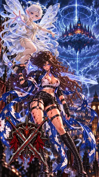A blood-spattered Ashai, long brown curls flying and eyes glowing blue, grips a star-hilted blade of light while the white-haired, halo-crowned Greah flies above her over stormy London.