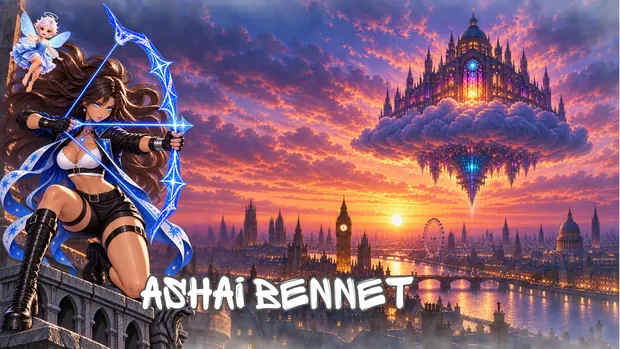 Ashai crouches on a rooftop ledge drawing a glowing blue bow while Greah hovers beside her, London and the Sanctuary at sunset beyond.