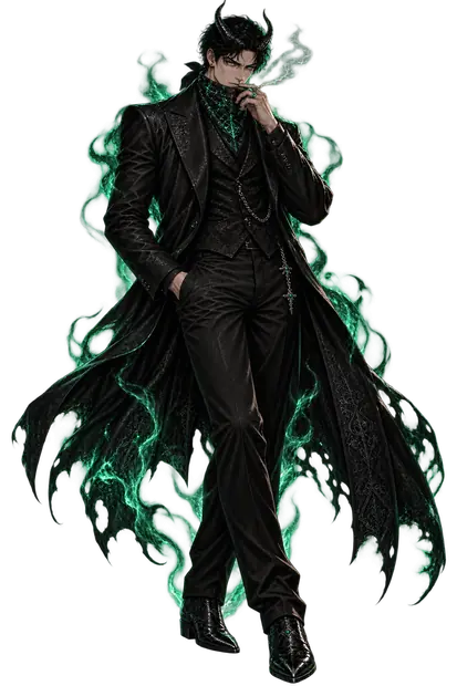 Horned Balthazar, in a long black brocade coat and waistcoat, draws on a cigarette with one hand in his pocket as emerald smoke curls around him.