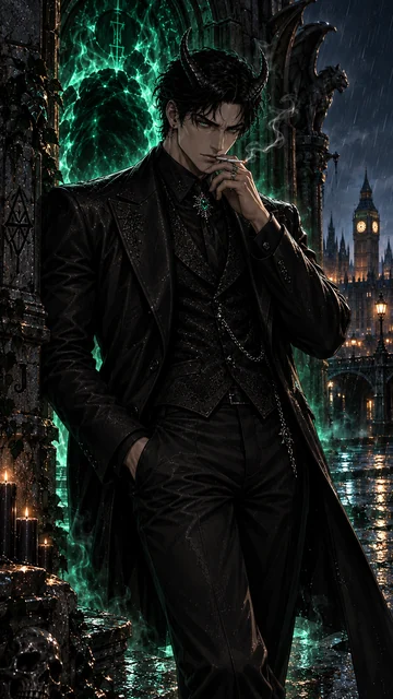 Horned Balthazar in a black suit stands beside a glowing emerald portal, with Big Ben beyond the rain-soaked street.