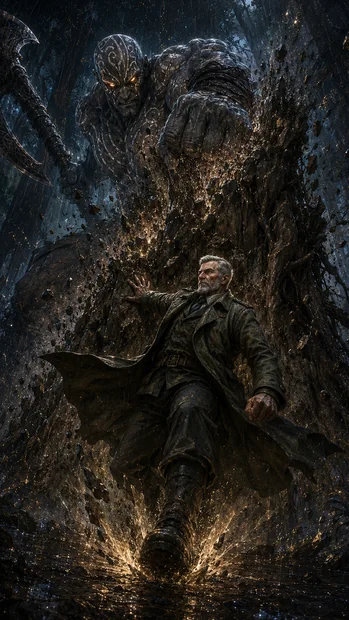 An older man in a long coat raises a hand beneath a towering stone-like figure and branching canopy.