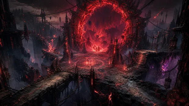 A red, molten-looking portal towers above a blackened stone platform and broken city walls.