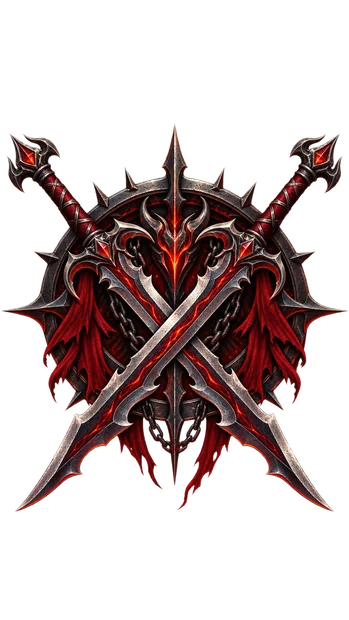 The Demon’s Legion crest: crossed silver-and-red swords over a horned demonic emblem, framed by spikes, chains and torn crimson cloth.
