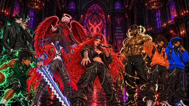 Balthazar, Anarchy, Gabriel, Goaden, Rose, Truth and the Dread Twins pose on a candlelit stage in a gothic hall beneath a banner reading ‘Music Ritual Rebellion Forever’.