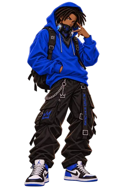 Marley, hood up in royal blue, raises two fingers to his temple, headphones glowing at his neck and a strap on his cargo trousers reading ‘No stars in my crown’.
