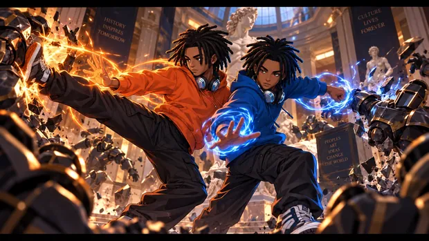 The twins fight armoured guards in a museum hall, orange and blue energy trailing from their hands.