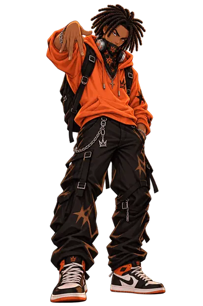 Damien flashes a hand sign in an orange hoodie and black cargo trousers, headphones round his neck and a crown-and-star bandana over his face.
