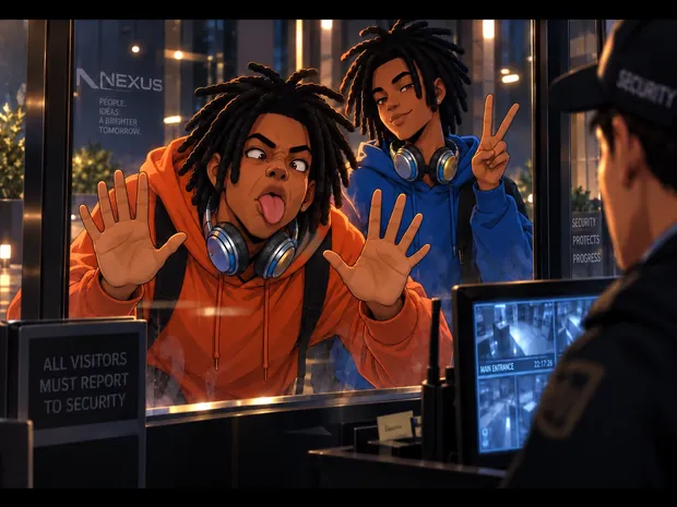 One twin squashes his face and hands against the security-booth glass while the other flashes a peace sign at the guard.