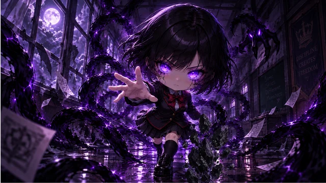 Chibi Emily Grimm in her school uniform summons violet shadow tendrils in a moonlit classroom.