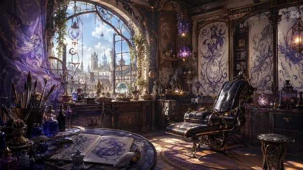An ornate tattoo studio with a reclining chair, violet designs on the walls and daylight through a large window.