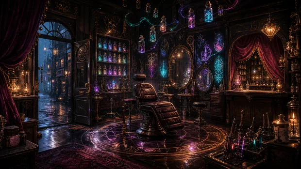 A dark tattoo studio with bottles, leather chairs and luminous violet sigils.