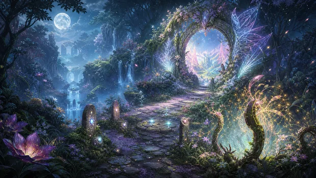 A luminous portal stands beneath flowering trees beside moonlit water and glowing plants.