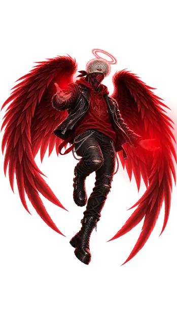 Gabriel hovers with feathered crimson wings spread wide, a red halo above his silver hair and a sigil bandana over his face, reaching out in black leather and a red hoodie.