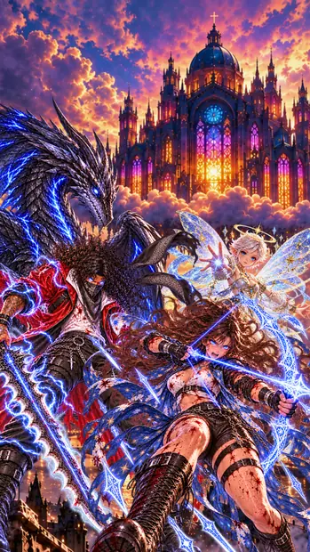 Ashai shouts as she draws a starlight bow with Greah reaching out above her, while Goaden grips a greatsword wreathed in silver flames and Kai looms behind him, the sunset-lit Sanctuary above them.
