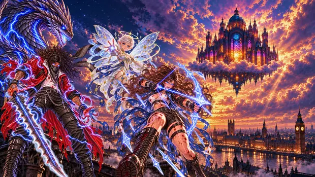 Goaden, masked by his bandana, grips a greatsword wreathed in silver flames with Kai in his true guardian form behind him, while a bloodied Ashai draws a starlight bow and Greah flies above them at sunset.
