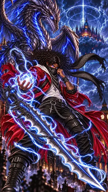 Goaden draws his bandana over his face and holds a sphere of silver flames in one hand, a chained greatsword at his side, with Kai looming behind him and Big Ben below.