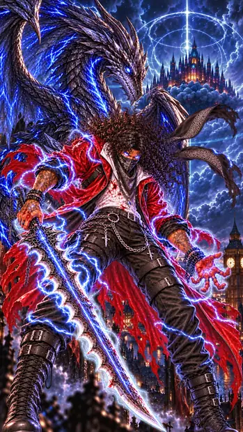 Goaden, masked by his black bandana with glowing blue eyes, swings a jagged greatsword burning with silver flames while Kai coils behind him and the Sanctuary floats above London.