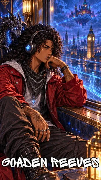Goaden in a red jacket and headphones rests his chin on his hand by a Streamliner window, Kai perched behind him, with Big Ben and the Sanctuary beyond.