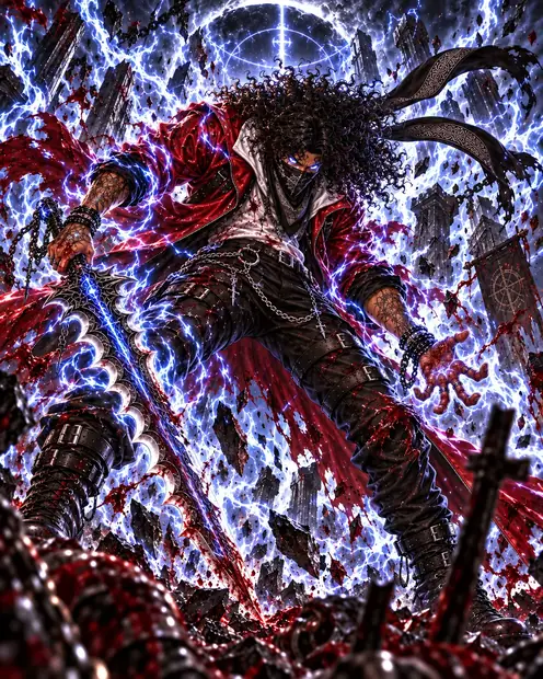 A blood-spattered Goaden lunges forward with a greatsword wreathed in silver flames, his red jacket torn, among floating rubble and broken crosses.