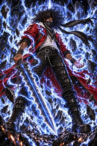 Goaden stands in his red jacket and buckled boots, bandana masking his face and eyes glowing, holding a chained greatsword burning with silver flames among floating stone.