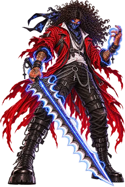 Goaden, masked by his bandana with glowing blue eyes, grips a jagged, chained greatsword burning with silver flames as his tattered red coat flares around him.