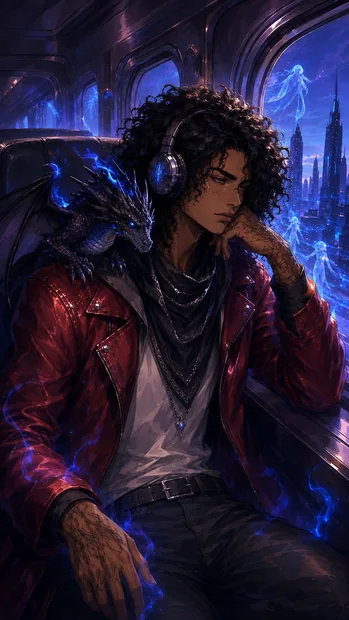 Goaden sits by a blue-lit train window in a red jacket and headphones, with dark curls framing his face.