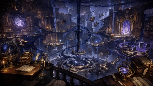 Books float between towering shelves and violet portals in an immense magical library.