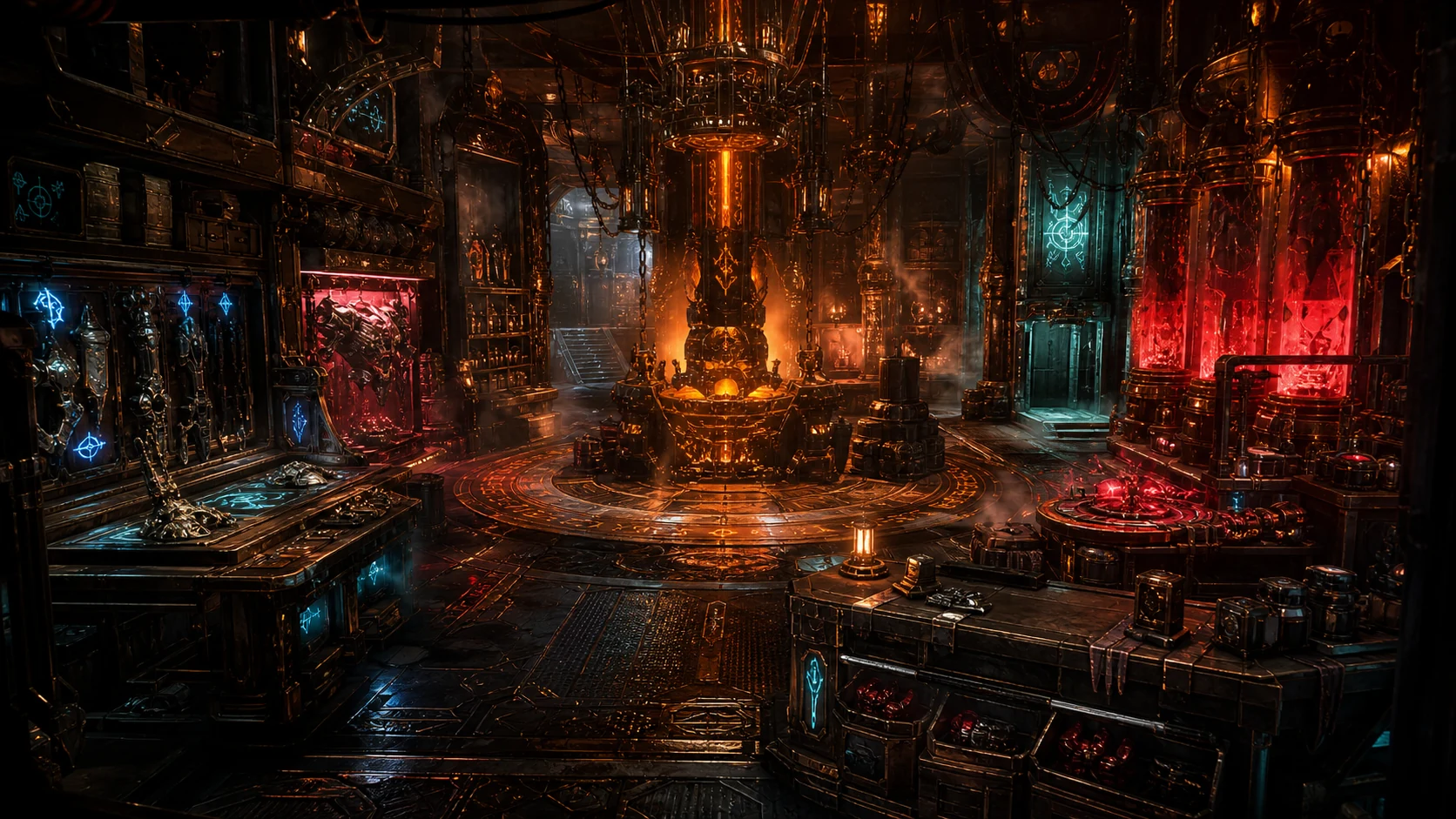 A warm, firelit workshop with rune-marked equipment, metalwork and illuminated workstations.