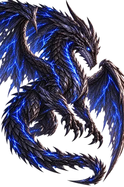 Kai in his true guardian form: a vast dragon of black, blade-edged scales with silver flames trailing from his wings and tail, and glowing blue eyes.