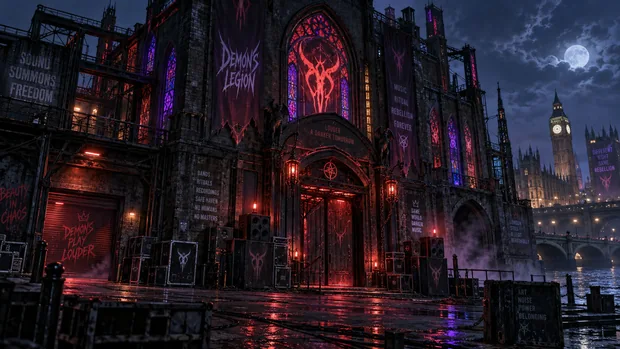 A red-lit Gothic building with Demon's Legion banners stands on a wet London street.