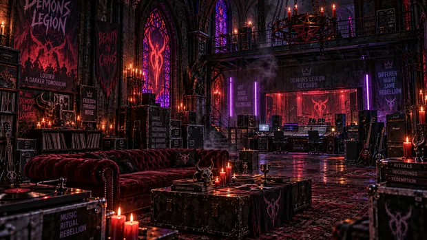 Red leather seating, candles and stained glass fill a Gothic lounge beneath Demon's Legion banners.