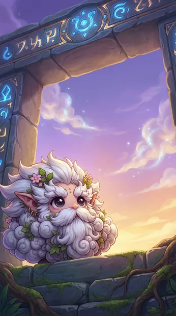 A fluffy white Lintel with blue eyes, pointed ears and small flowers rests beside a window opening onto a pastel sky.
