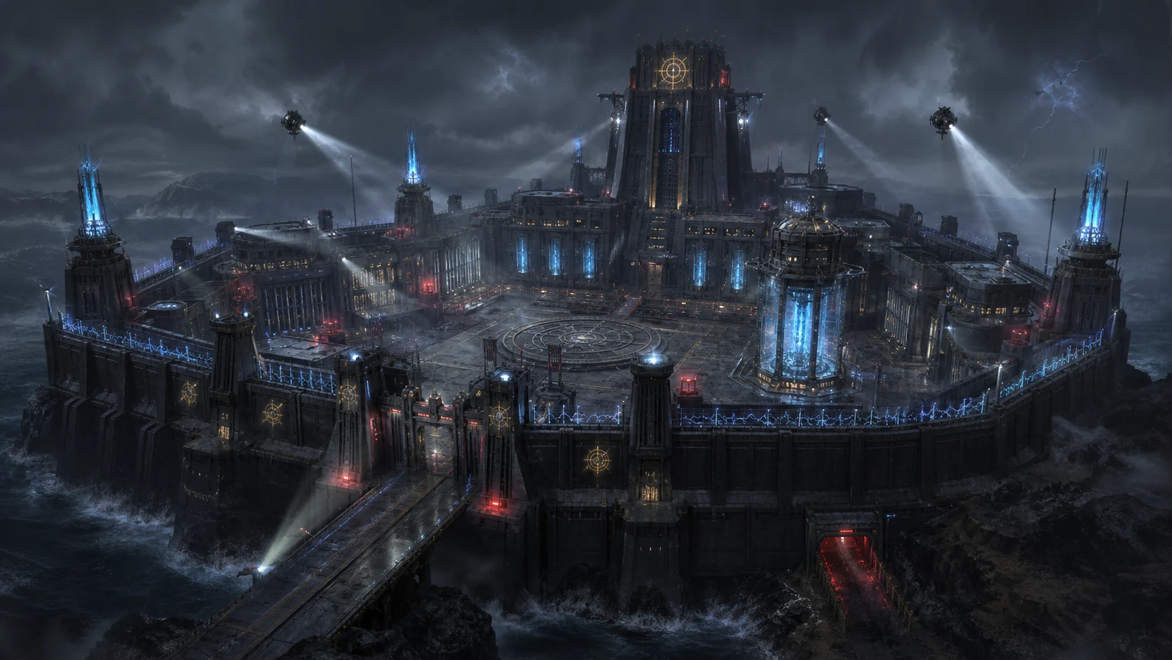 A fortified prison complex stands above dark water, ringed by walls, lights and blue-lit towers.