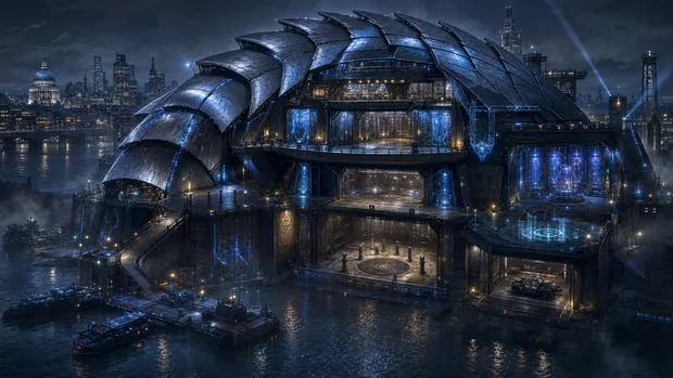 A broad, segmented metallic headquarters sits beside the Thames, its armoured roof curving over illuminated floors.
