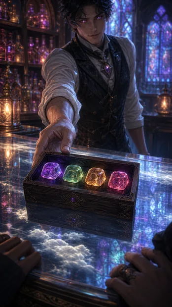 A bartender presents an open box of four glowing coloured sweets over a polished bar.