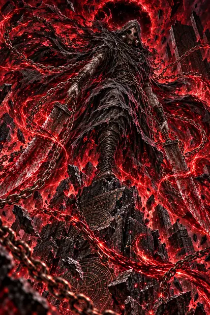 Nameless, hooded in a tattered cloak and a smiling gas mask, stands on a shattered stone pillar holding two battered broadswords as rusted chains and crimson energy swirl around him.