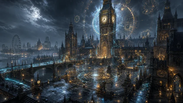 Big Ben towers over a wet London plaza, with golden clockwork patterns glowing around the tower.