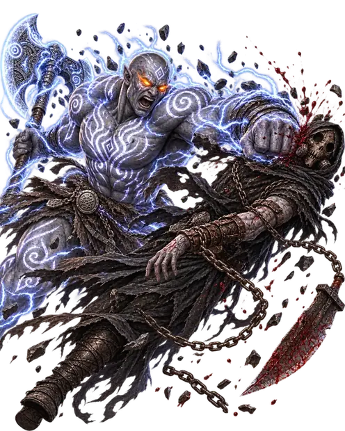 A grey-skinned Onari Titan with glowing markings and a mountain axe drives his fist into Nameless’s gas mask, sending the chained figure and one broadsword flying.
