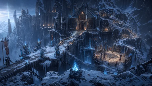 A blue-lit fortress rises among snowbound cliffs, bridges and frozen stone battlements.