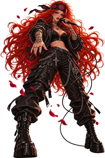 Rose sings with her bandana pushed up as a headband, green eyes narrowed, long red hair flaring and rose petals falling around her black leather jacket and chains.