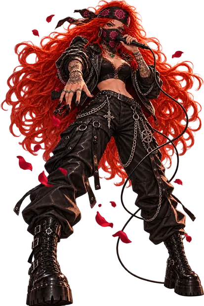 Rose sings into a corded microphone behind a pink-sigil bandana, her long red hair flaring out and rose petals falling around her chained cargo trousers and platform boots.