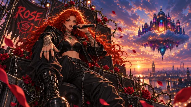 Rose sings into a microphone from a throne of speaker stacks wrapped in chains and roses, with London and the Sanctuary at sunset behind her.
