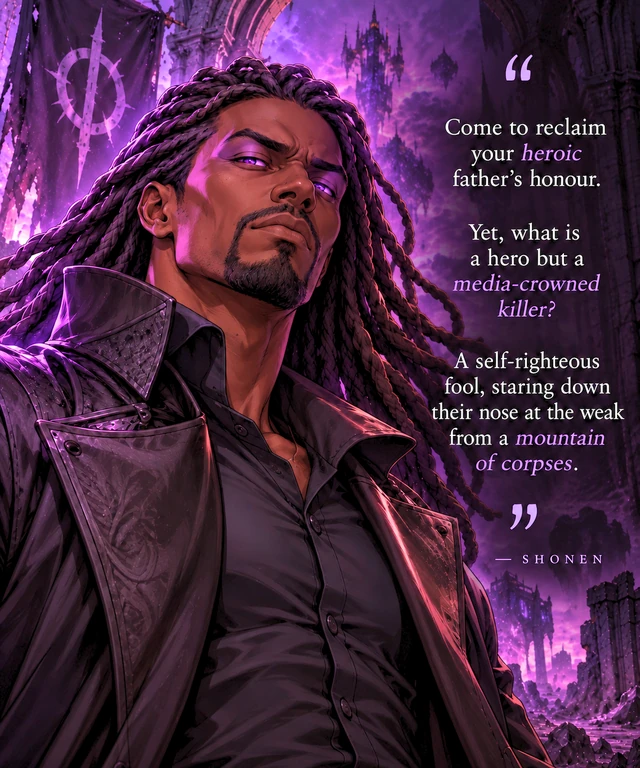 Shonen Kartia with violet eyes and long braids in a ruined purple-lit hall, beside his words about heroes.